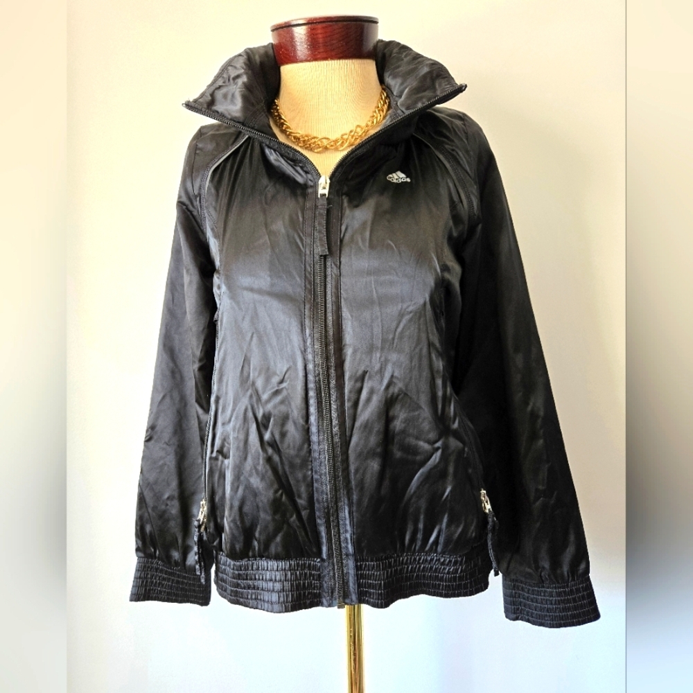ADIDAS Black Shimmer Satin Jacket With Hidden Hood. Size Small